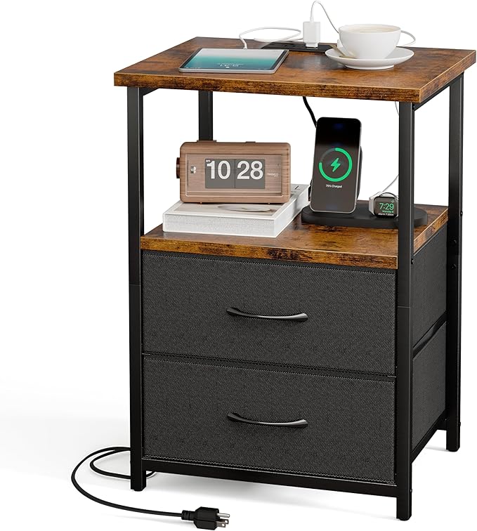 Night Stand with Charging Station, Nightstand with Fabric Drawers, Bedside Table with Storage for Bedroom, Rustic Brown