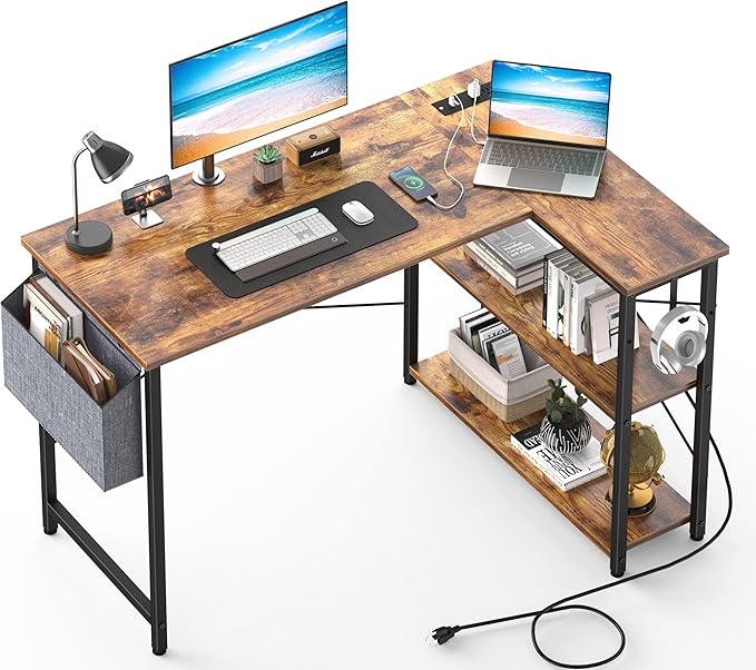 L Shaped Desk with Outlets & USB Ports, Reversible 47 Inch Office Desk, Corner Desk for Small Space