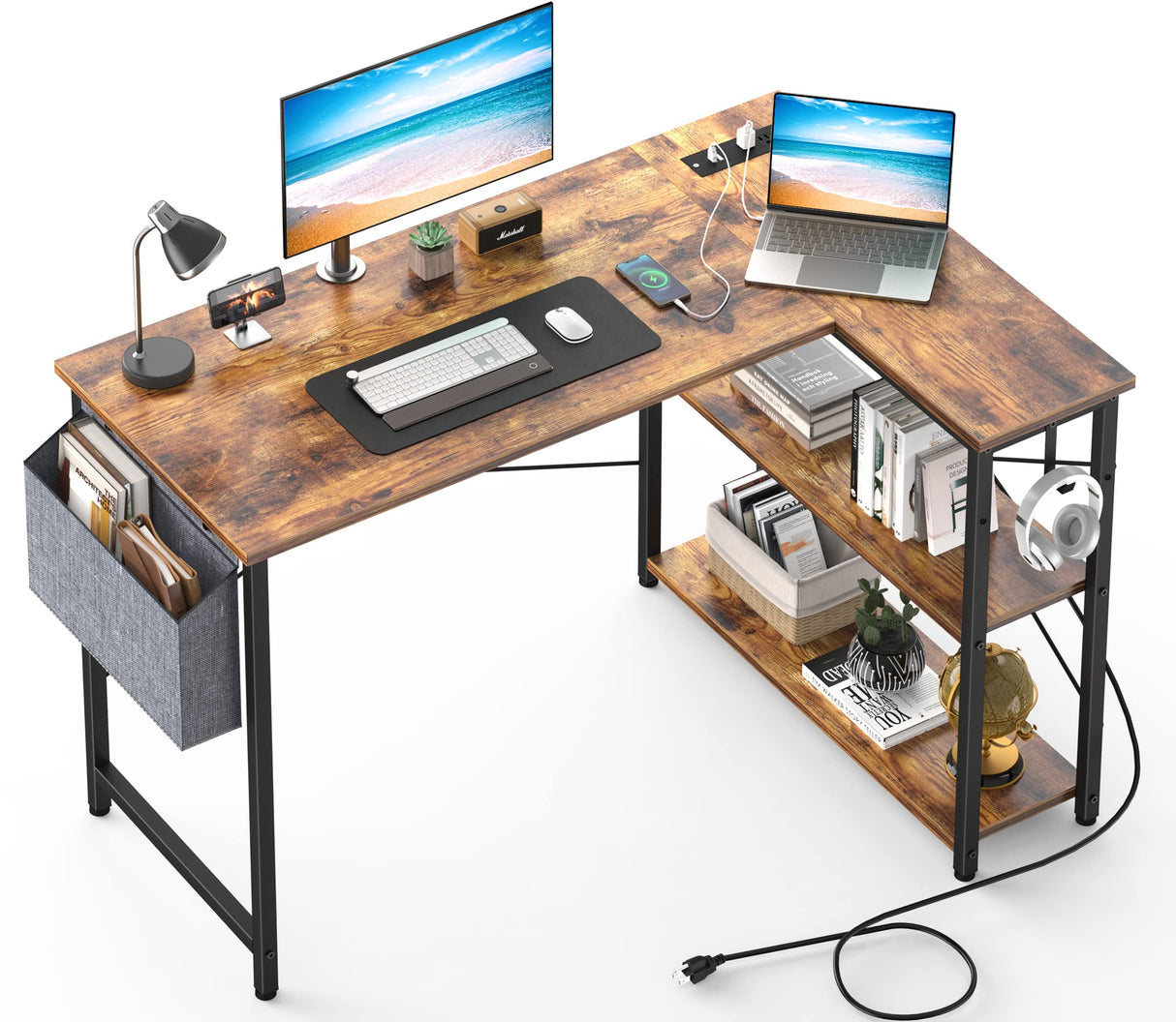 L Shaped Desk with Outlets & USB Ports, Reversible 47 Inch Office Desk, Corner Desk for Small Space