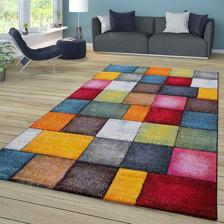 Colorful Living Room Rug Check Design with Squares Multicolor, Size: 3'11" x 5'7"