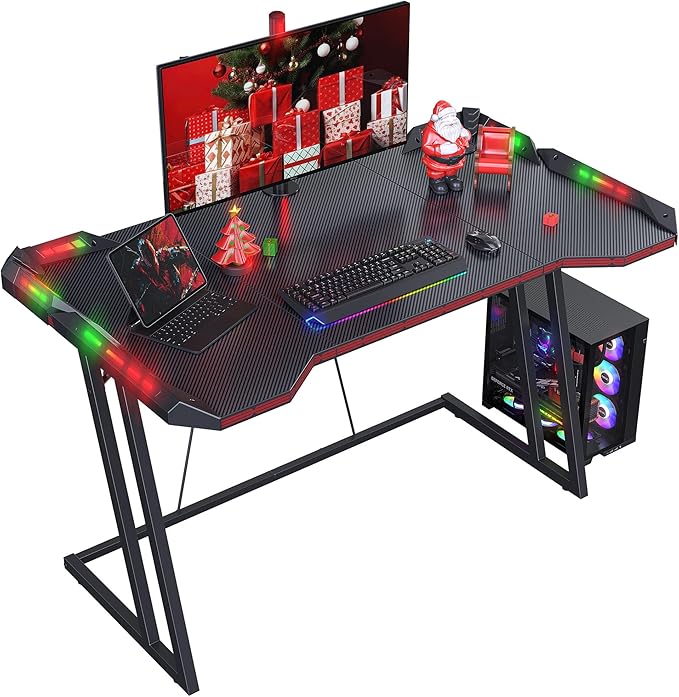 Gaming Desk with LED Lights, 47 Inch Z Shaped Gamer Desk, Home Game Computer