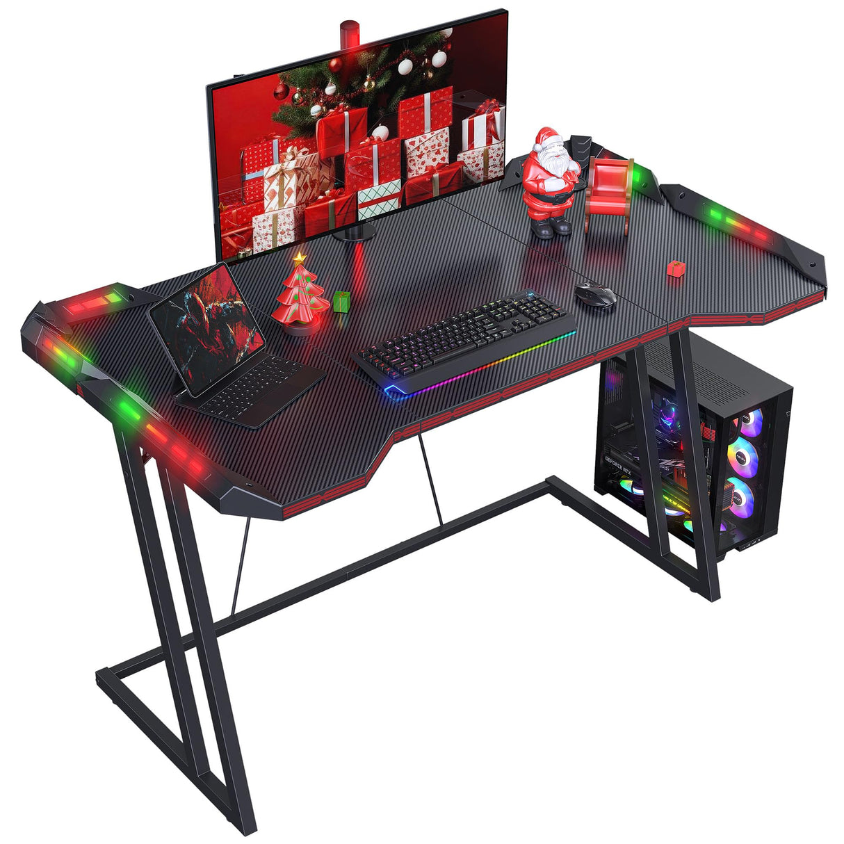 Gaming Desk with LED Lights, 47 Inch Z Shaped Gamer Desk, Home Game Computer