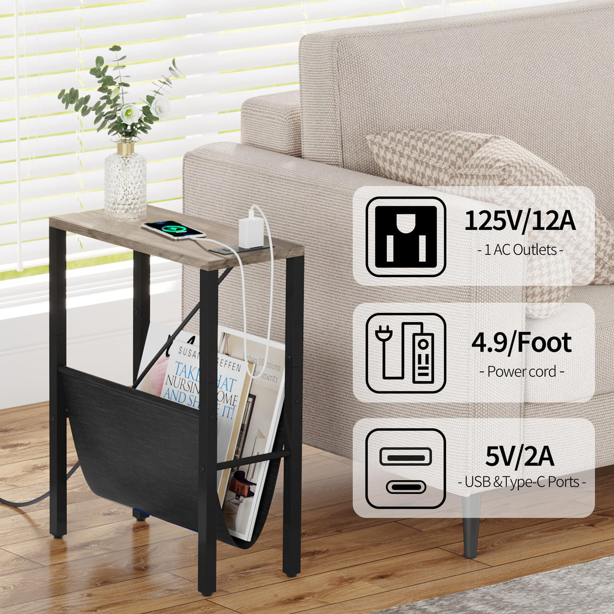 Narrow Side Tables Set of 2 with Charging Station, Small End Table with Storage Pouch