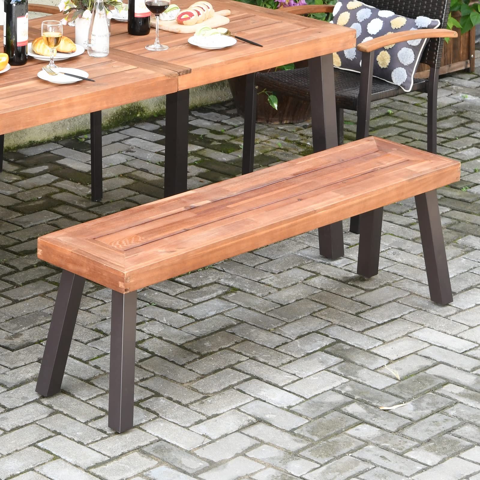 2 Pieces Outdoor Acacia Wood Bench, Patio Dining Bench