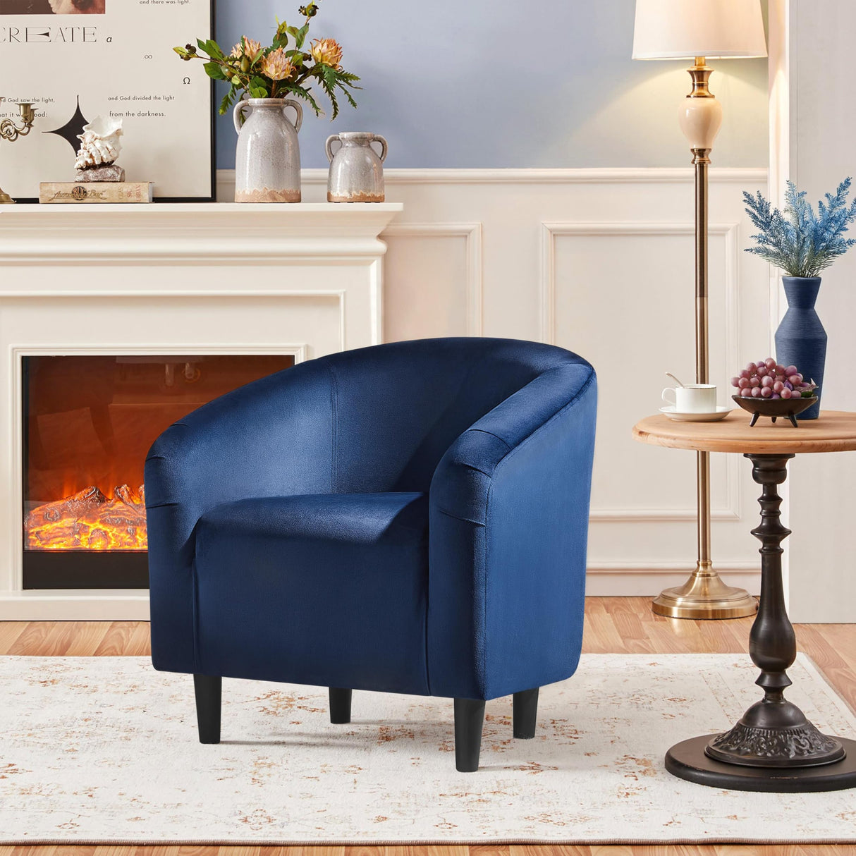 Velvet Club Chair, Modern Tufted Accent Chair with Armrest, Upholstered Barrel Chair with Solid Legs for Living Room/Bedroom/Study/Waiting Room, Navy Blue