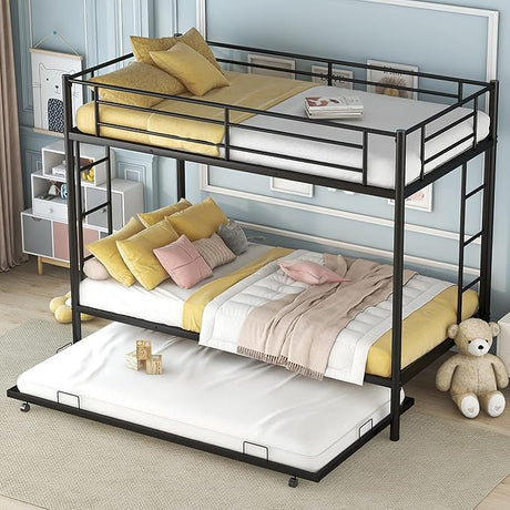 Triple Bunk Beds, Twin Over Full Bunk Bed with Trundle,Sturdy Steel Bunk Beds Frame for 3 Kids/Teens