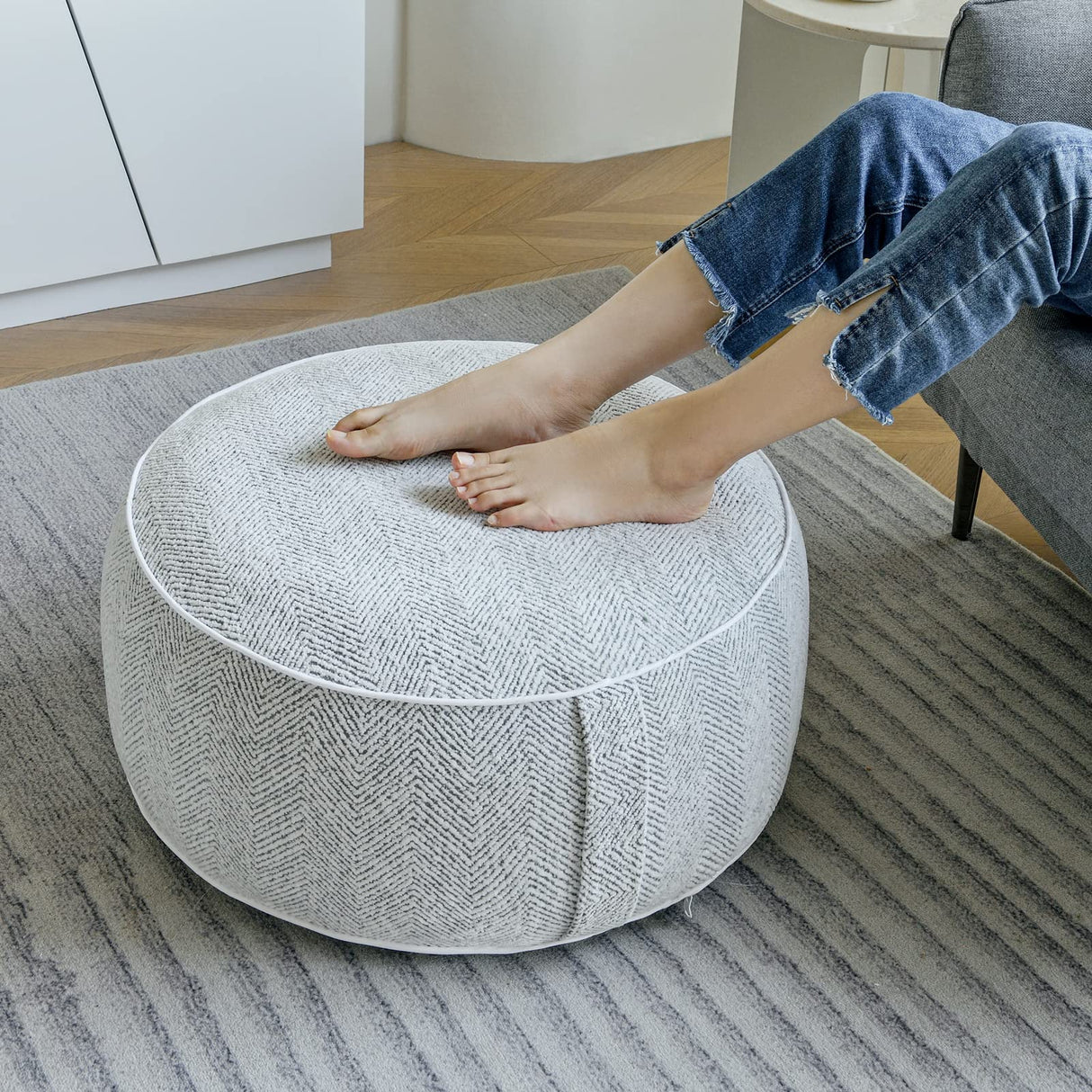 Stuffed Pouf Ottoman, 21x10 Inches Chenille Ottoman with Inflatable PVC Liner