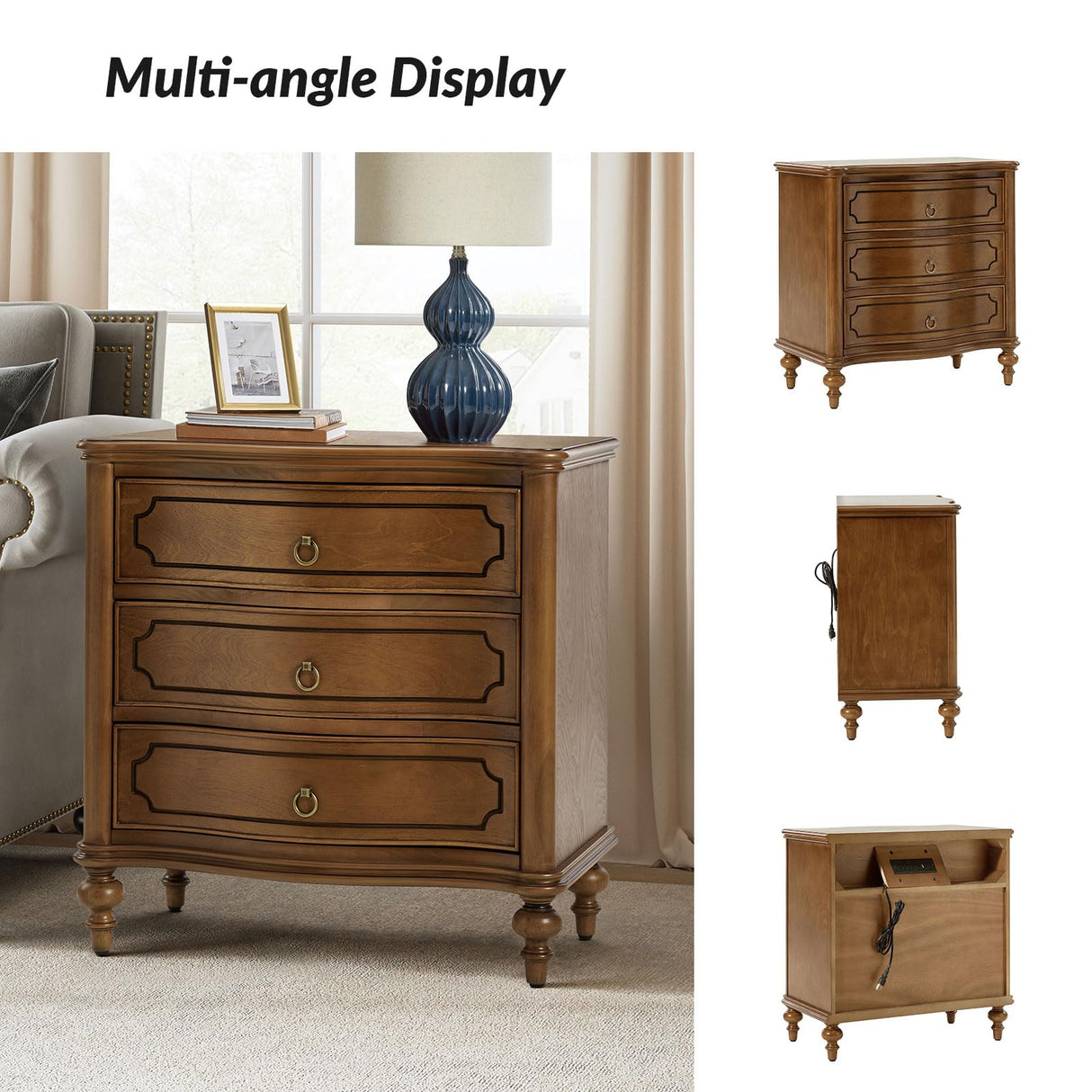 Wood Nightstands Set of 2 with Charging Station for Bedroom, 3 Drawers Traditional