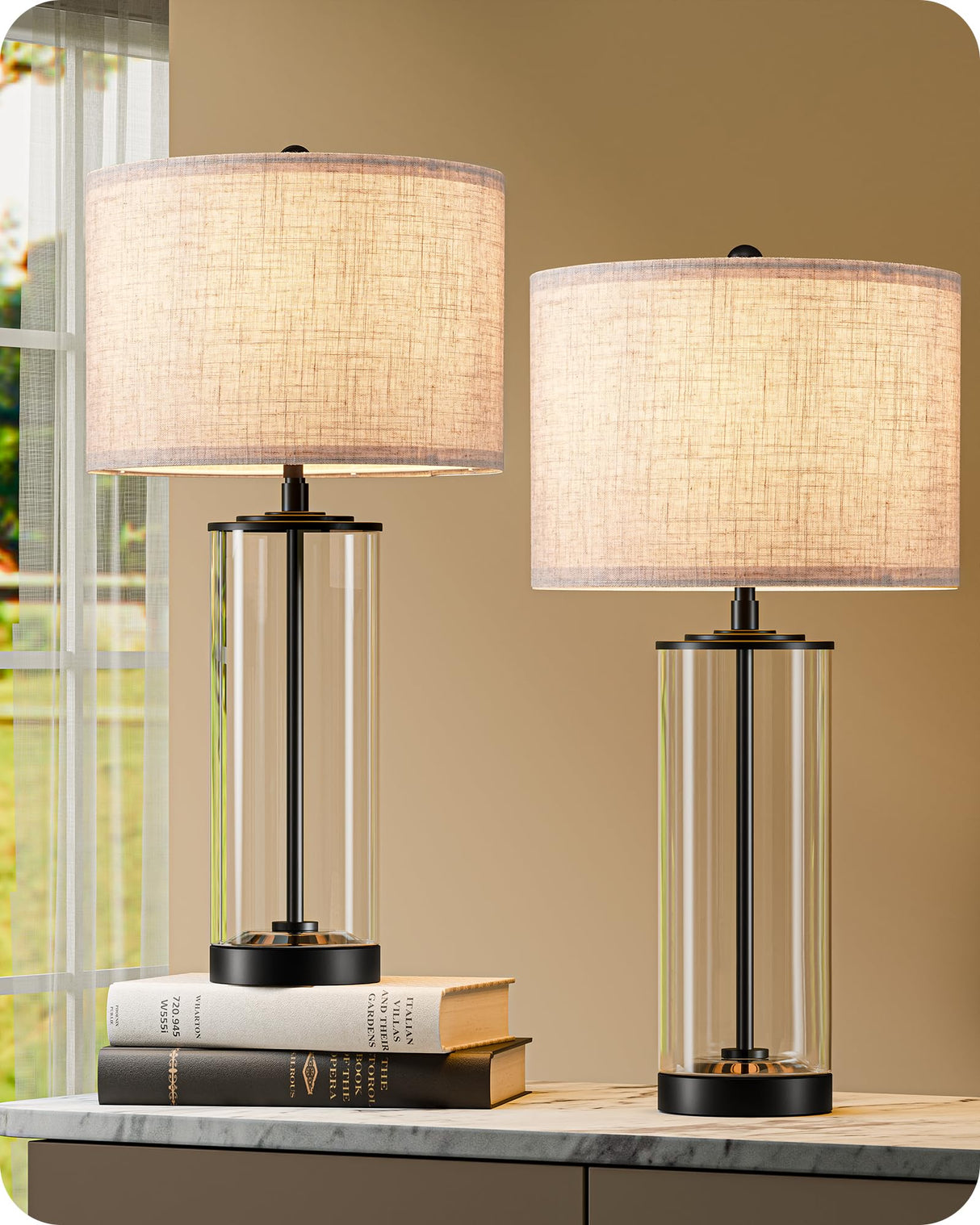 EDISHINE 23.6" Glass Table Lamp Set of 2, DIY Refillable Bedside Lamp with Linen Lampshade & Rotary Switch, E26 Base, Nightstand Light for Living Room, Bedroom, Office