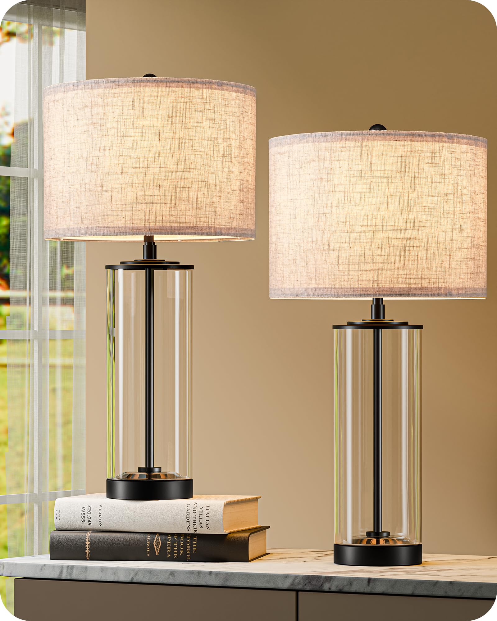 23.6" Glass Table Lamp Set of 2 - DIY Refillable Bedside Lamps with Linen Lampshade