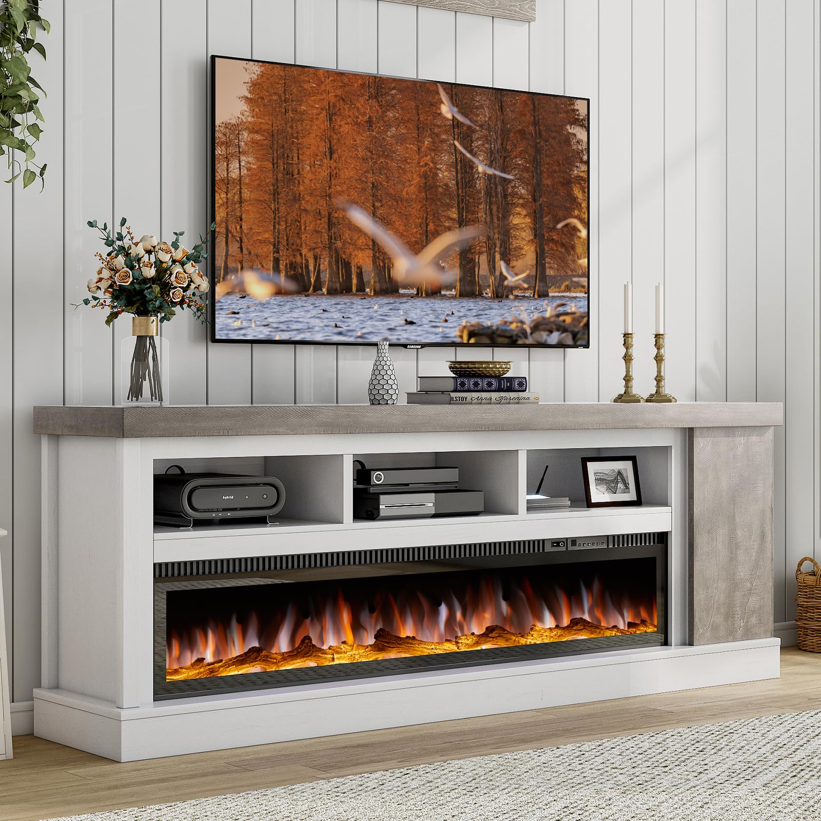 75" Fireplace TV Stand with 60" Glass Electric Fireplace