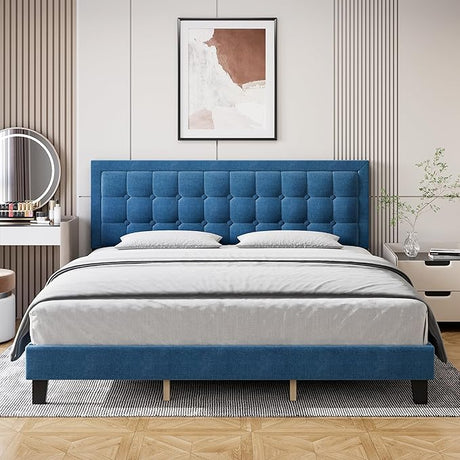 Full Size Bed Frame with Button Tufted Headboard, Upholstered Low Platform Bed Frame,