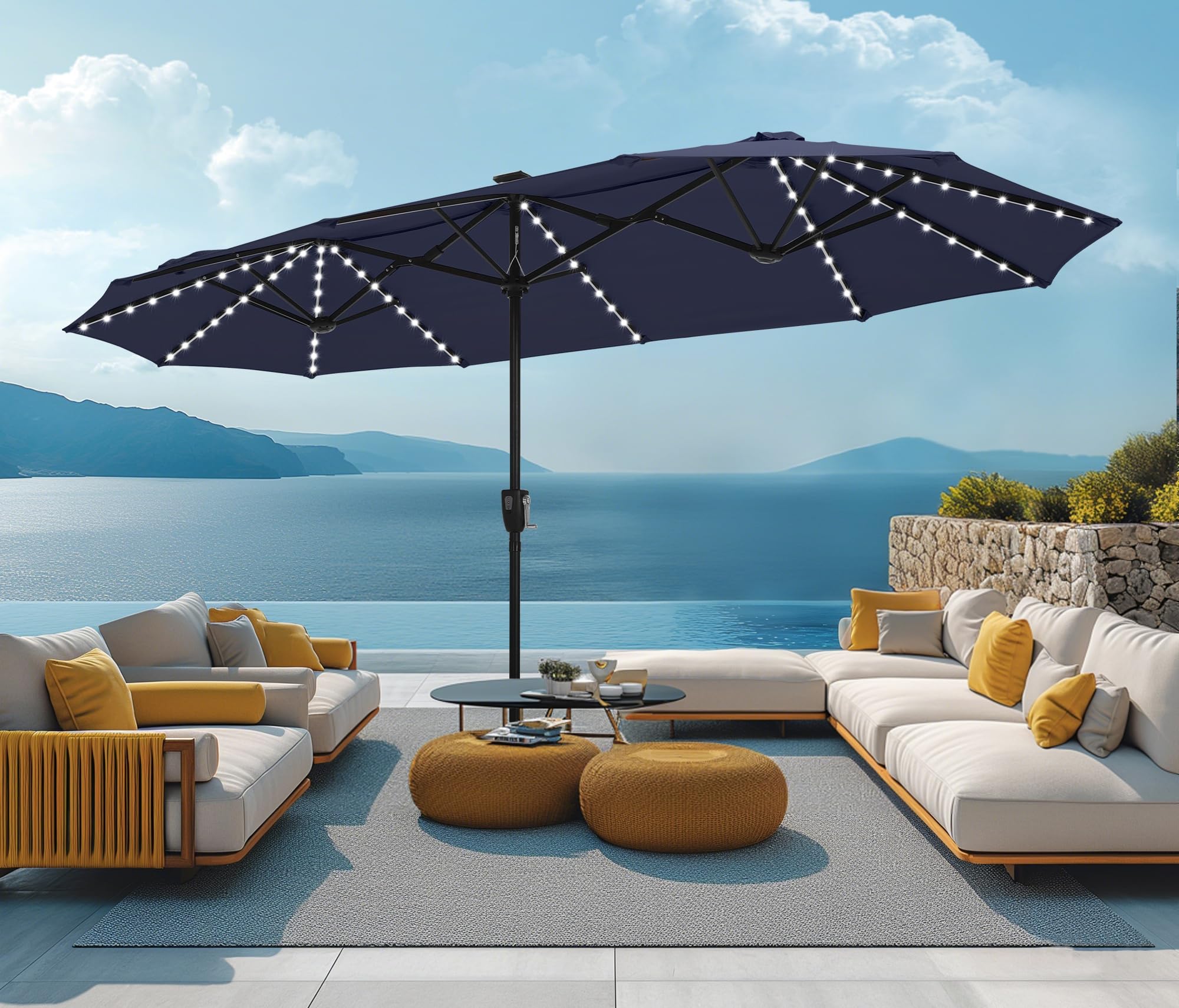 Double-Sided Patio Umbrella with Solar Lights, Outdoor Table Rectangular Umbrellas