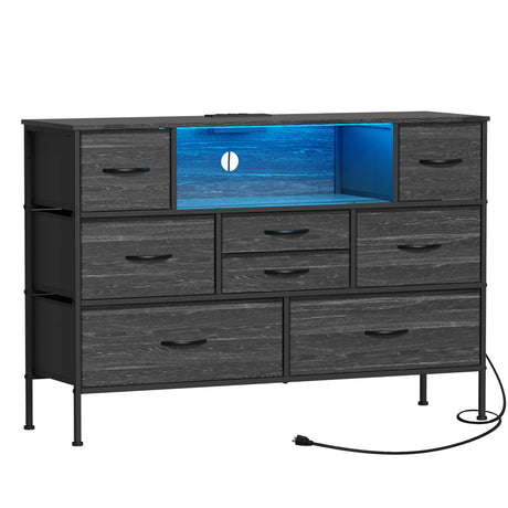 Wide Dresser with Charging Station and LED Light for Bedroom 8 Fabric Drawers Chest