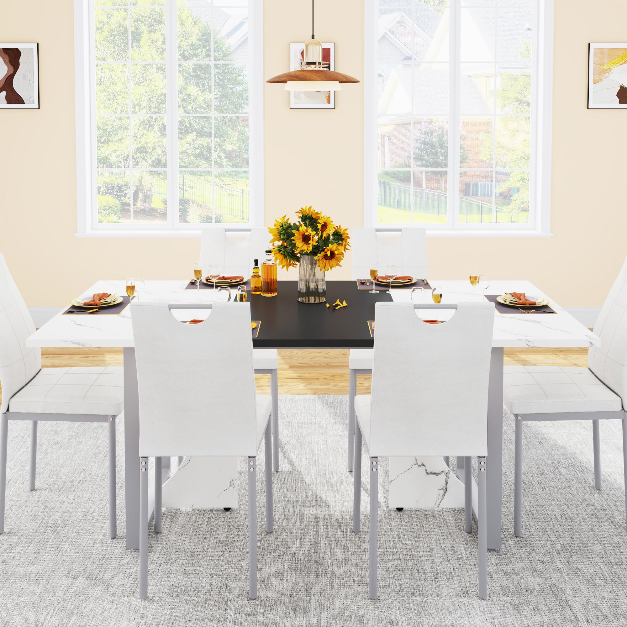70IN Large Dining Table for 4 5 6 People,White Kitchen Dinner Table W/Marble-Color Wood