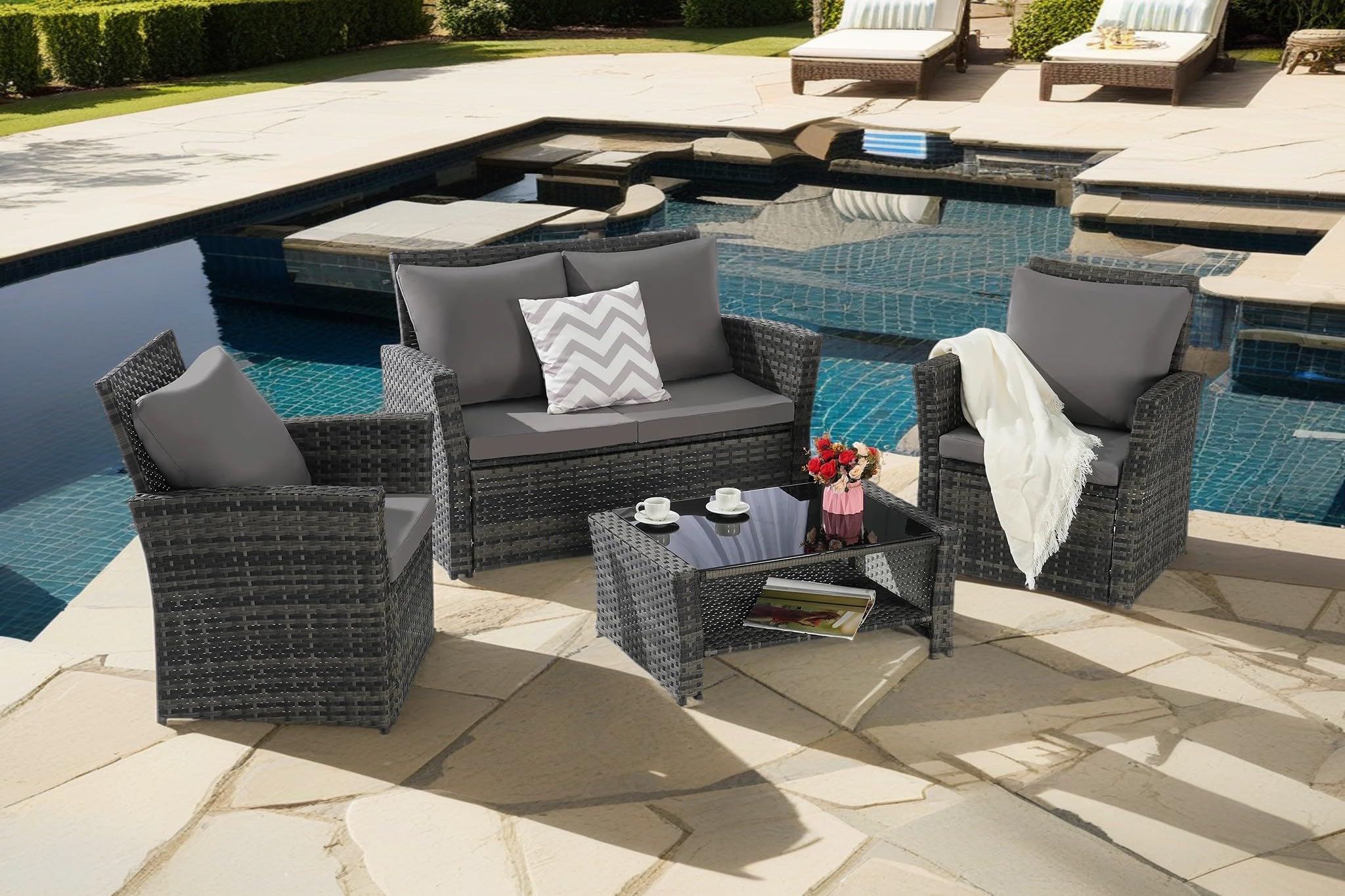 4-Piece Outdoor Patio Furniture Set: Rattan Wicker Chairs, Tempered Glass Coffee Table