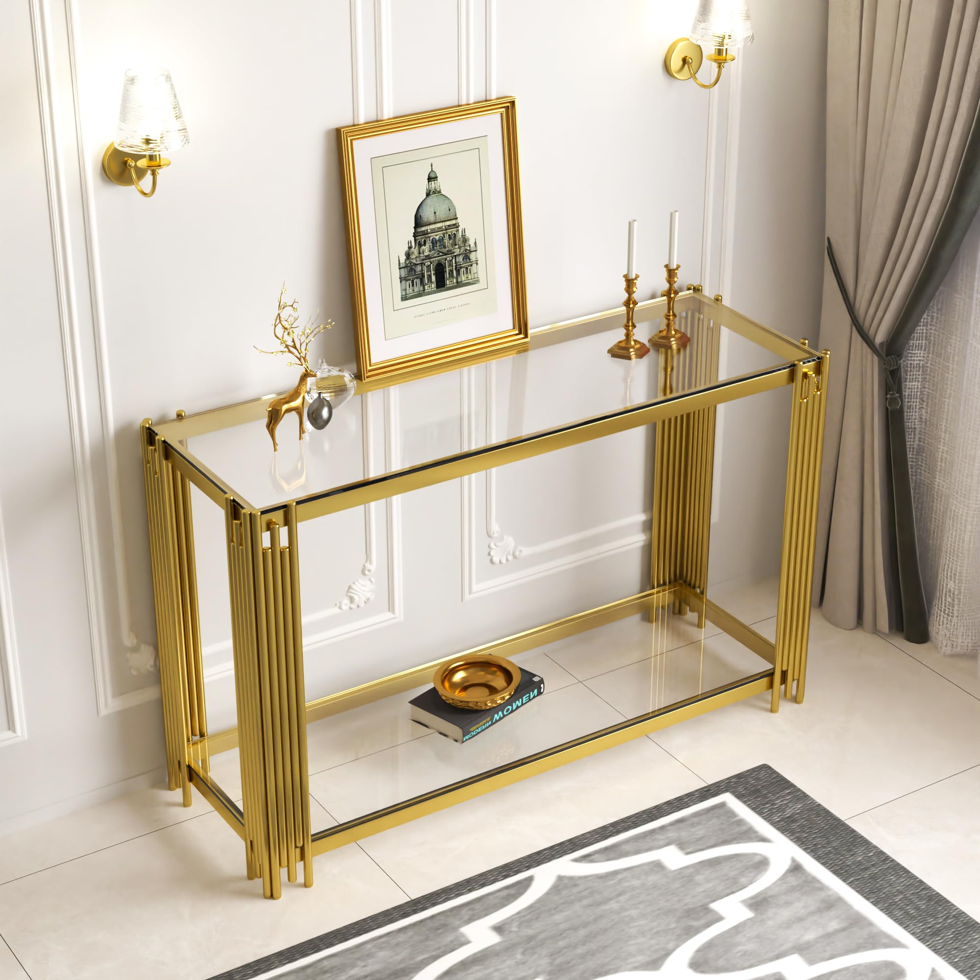 47" Gold Glass Console Table - Modern Entryway Sofa Table