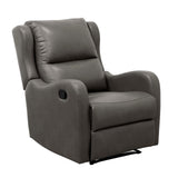 Kim 38 Inch Manual Recliner Chair, Cushioned Gray Faux Leather, Solid Wood