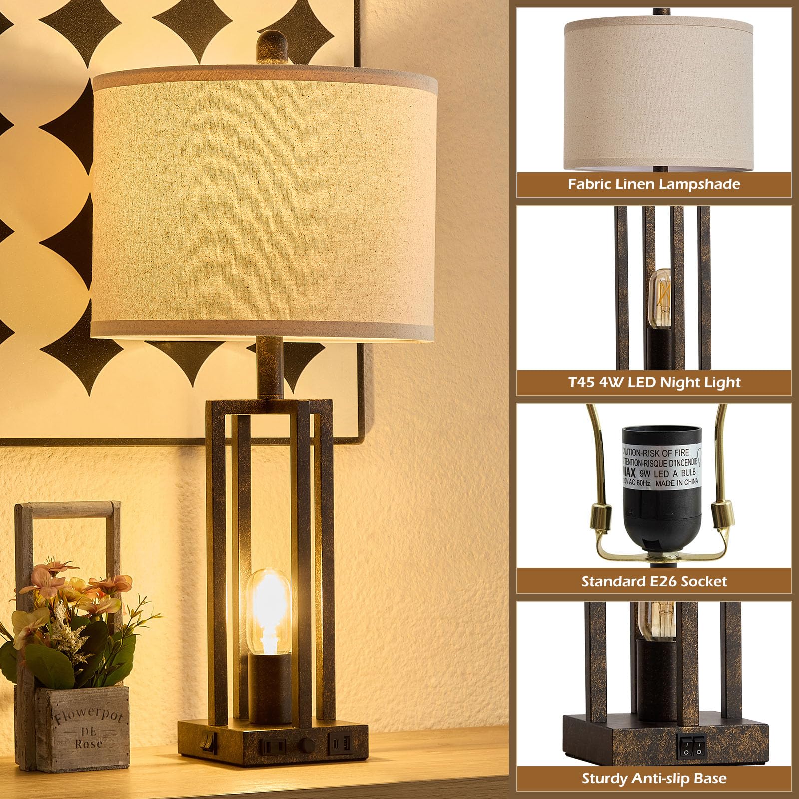 26.6" Farmhouse Table Lamps Set of 2 with USB Ports & Outlet