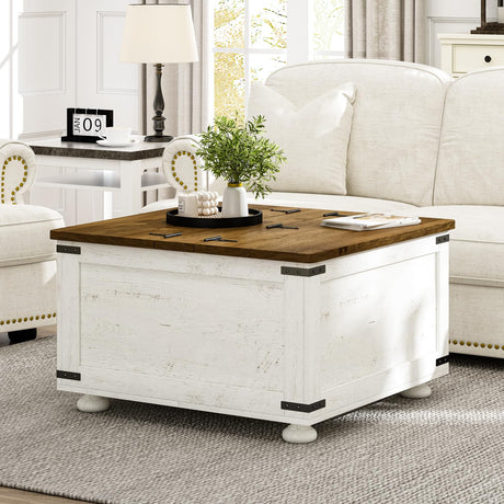 Farmhouse Coffee Table with Storage, White Square Coffee Table