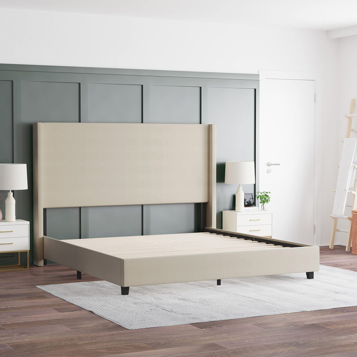 Nora Wingback Platform Bed - Beige Faux Linen Upholstery - Durable Engineered