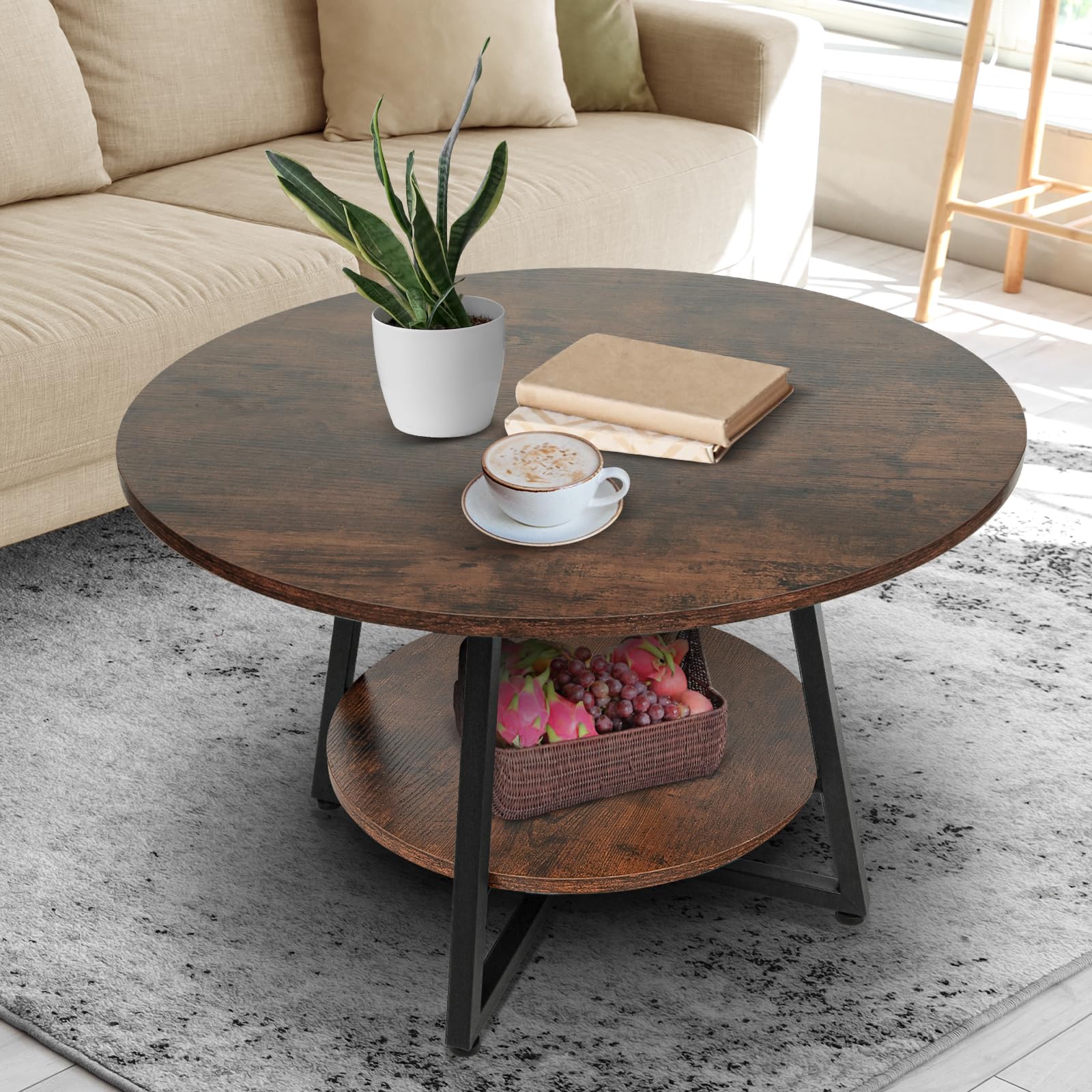 Round Coffee Table, 2-Tier Circle Coffee Table with Storage