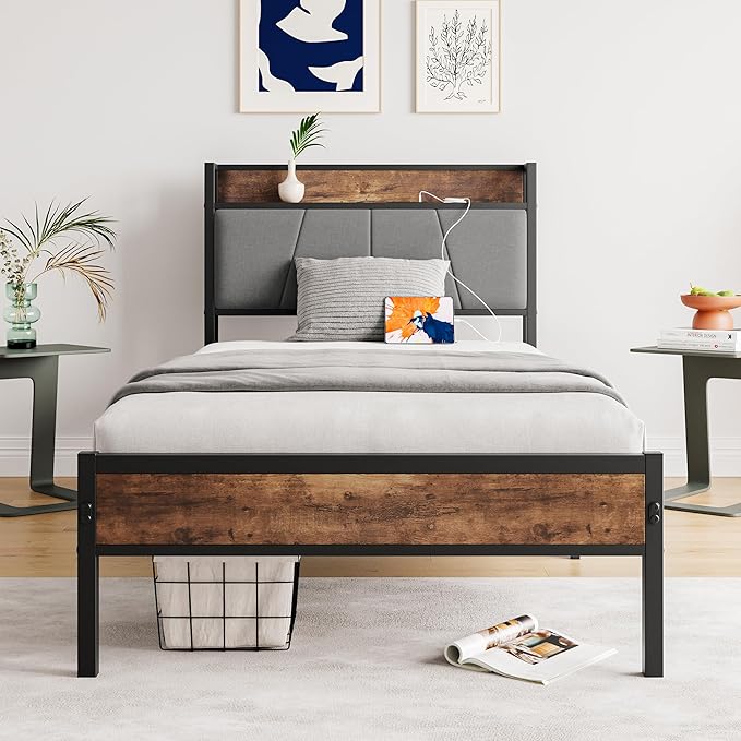 BOFENG Black Full Size Bed Frame with Storage Headboard,Metal Upholstered Platform