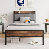 BOFENG Black Full Size Bed Frame with Storage Headboard,Metal Upholstered Platform