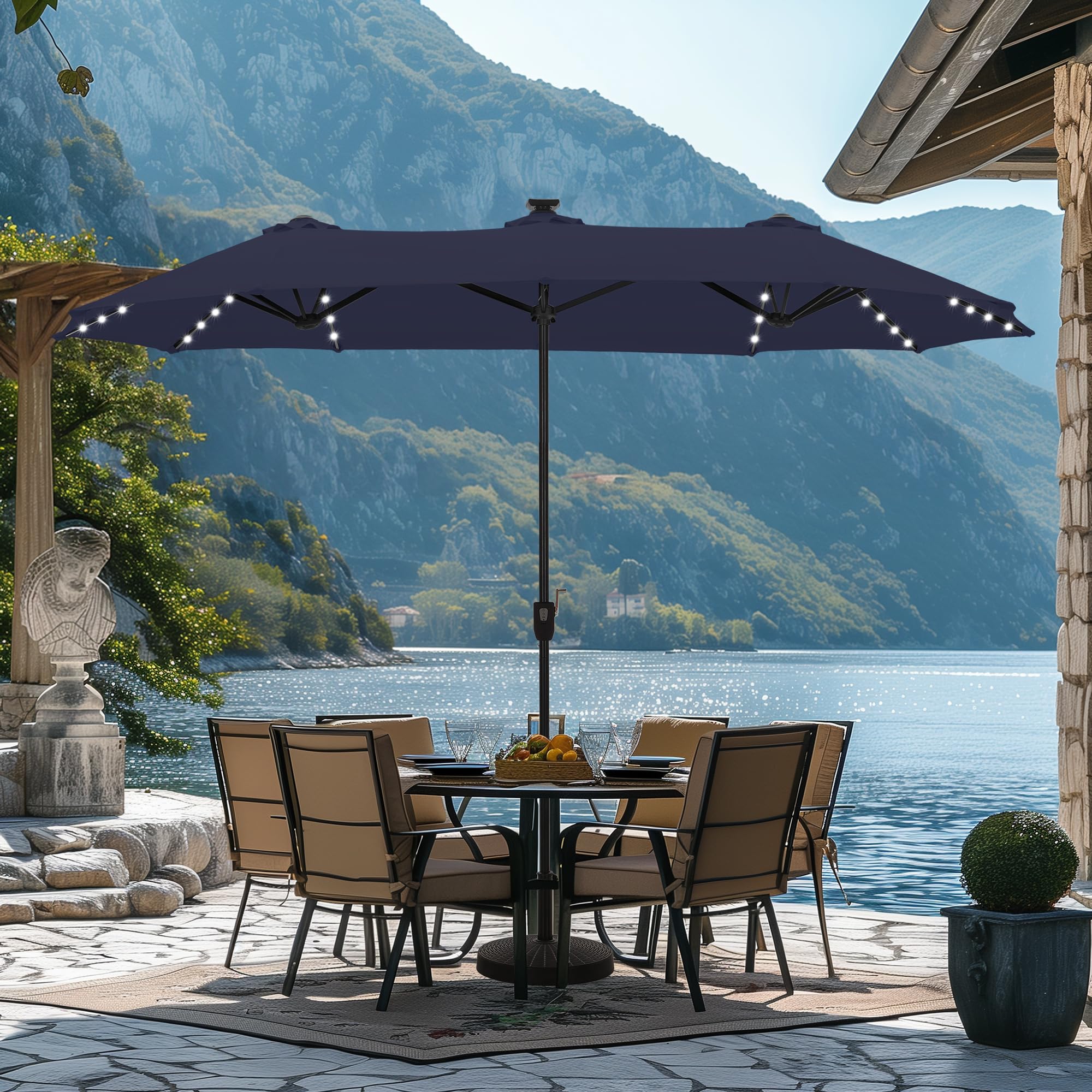 13 ft Patio Umbrella with 120 LED Solar Lights, Double Sided Outdoor Umbrella for Patio
