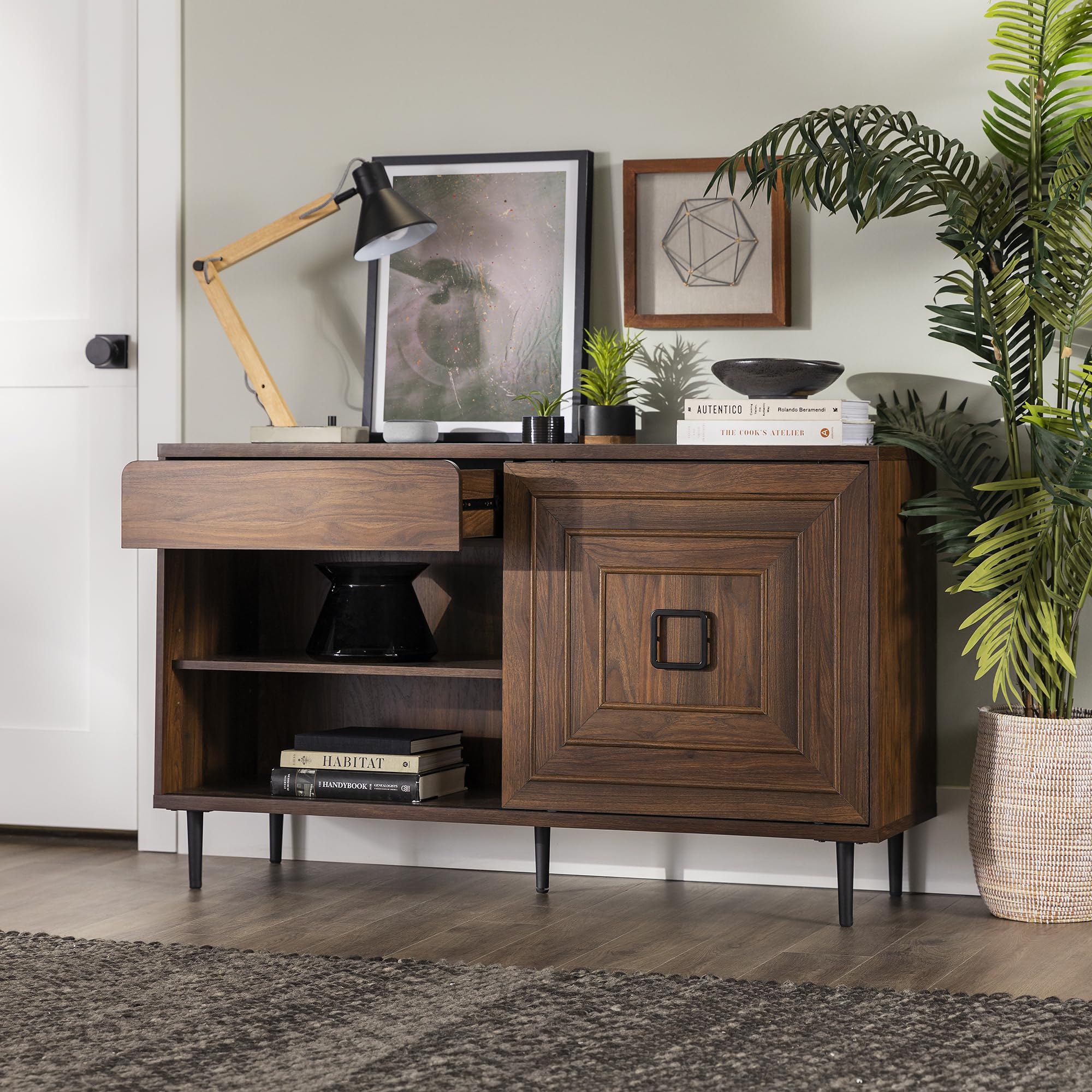 Mid-Century Modern Wood Kitchen Buffet Sideboard-Entryway Serving Storage Cabinet Doors