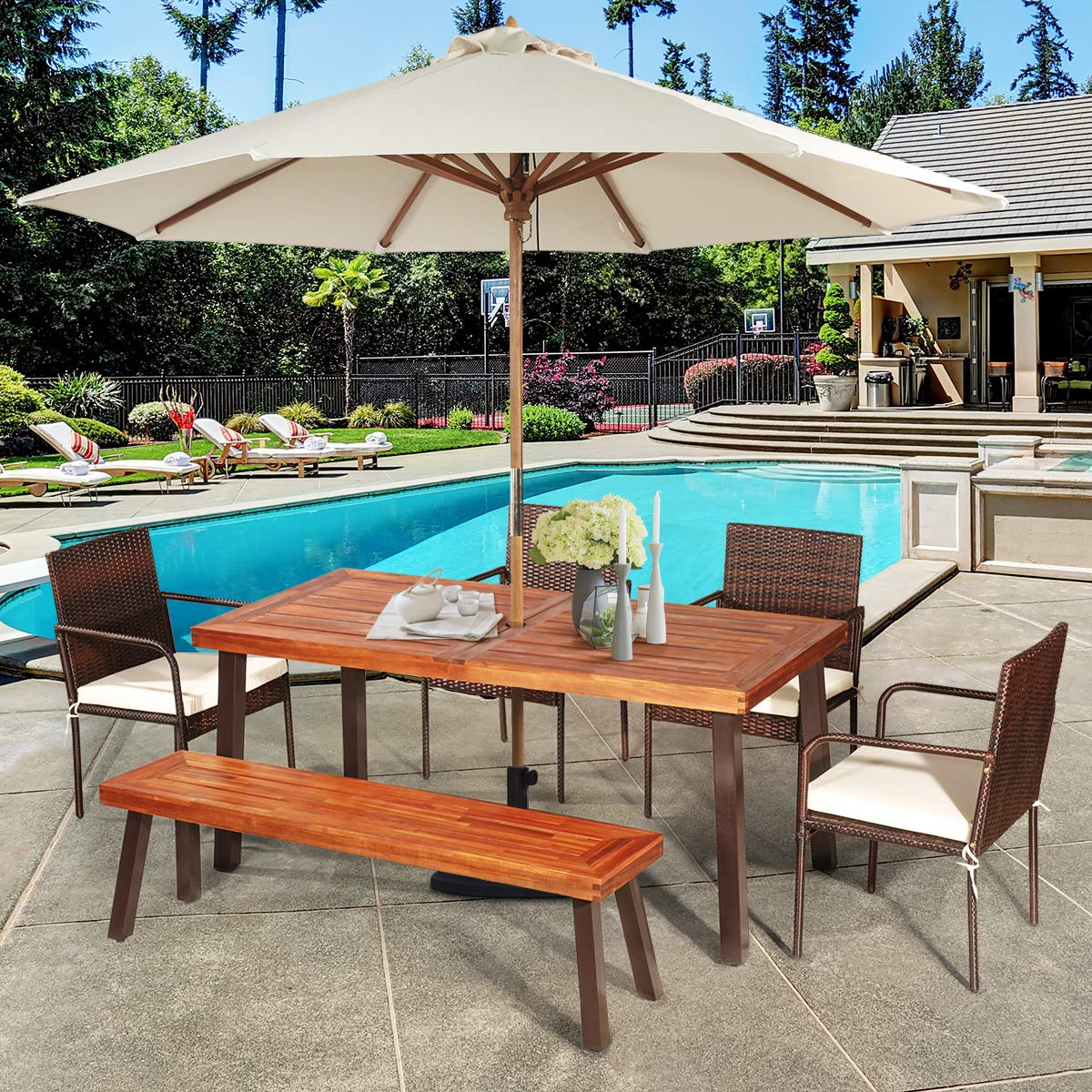 Patio Dining Table with Umbrella Hole, Outdoor Picnic Table for Backyard, Garden