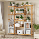 Bamboo Shelf Bookcase, Triple Wide Bookshelf with 4 Cubes & 9 Shelves, Large Bookshelf with Storage, Plant Shelf Bathroom Shelf Pantry Shelf Standing Organizer Unit, Natural