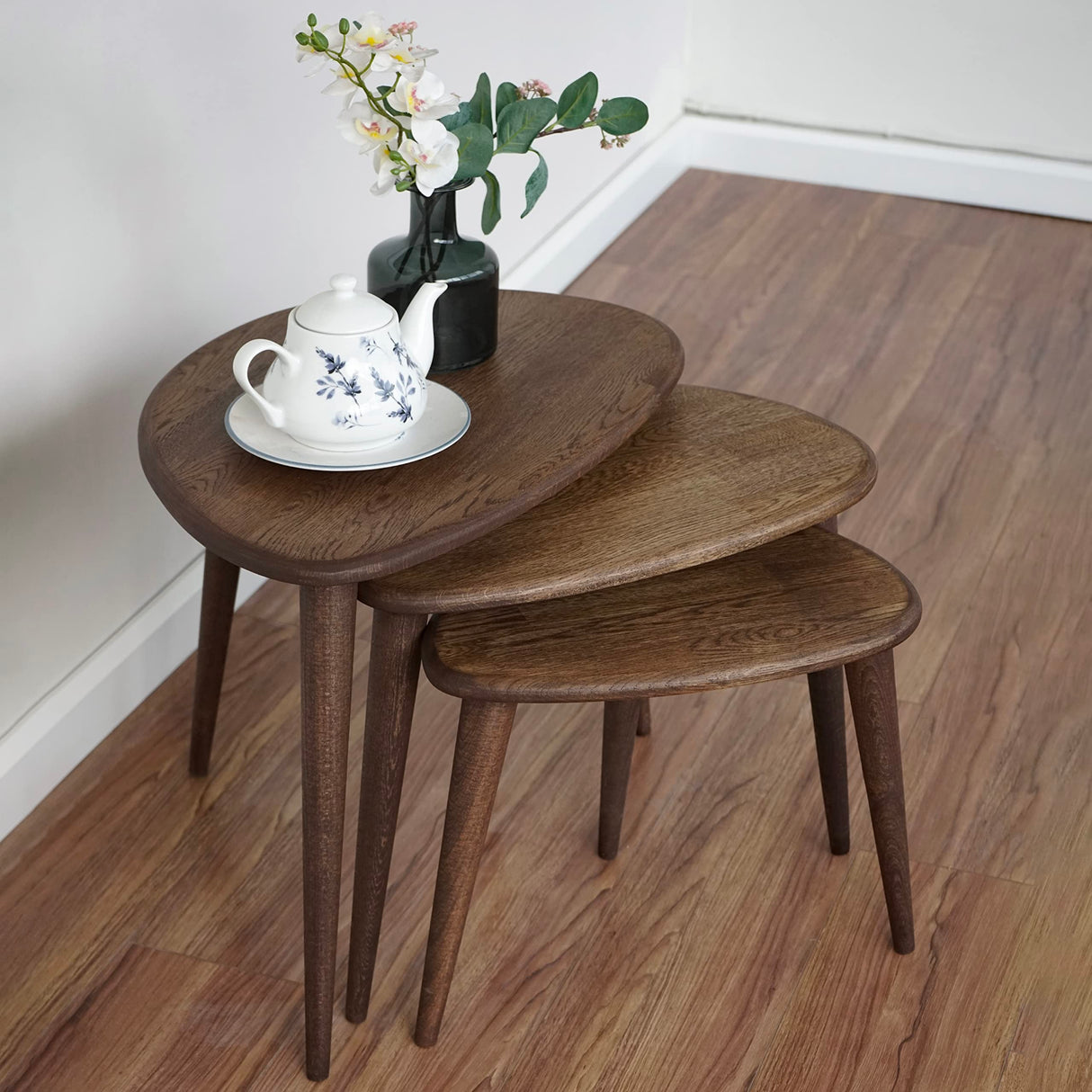 Solid Nesting Table Set of 3- Oak Mid Century Pebble Tables