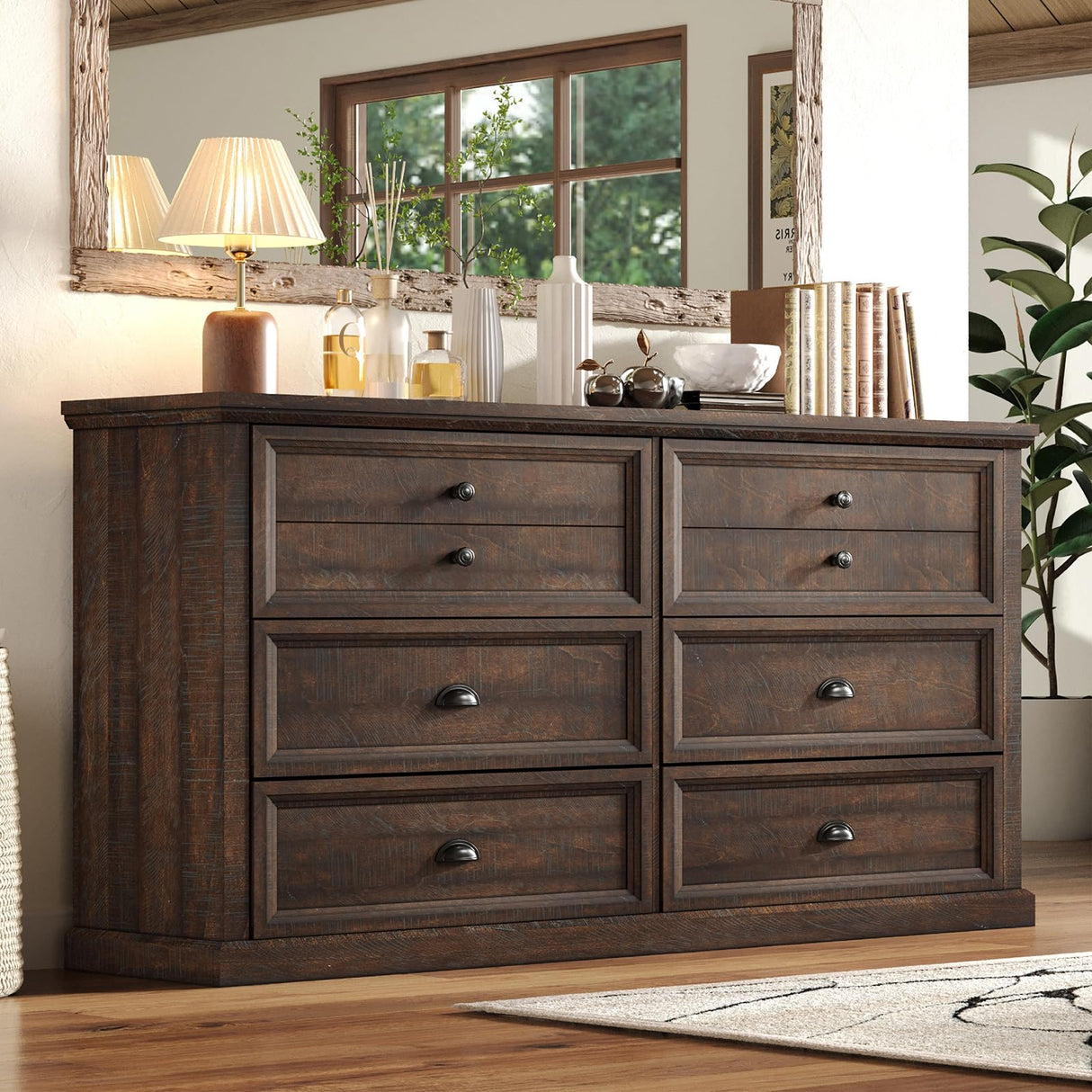 LUXOAK 58”W Farmhouse 6 Drawer Dresser for Bedroom, Natural Wood Texture Chest Dresser with Zinc Alloy Handle, Storage Drawers with Pre-Installed Slide for Living Room, Brown