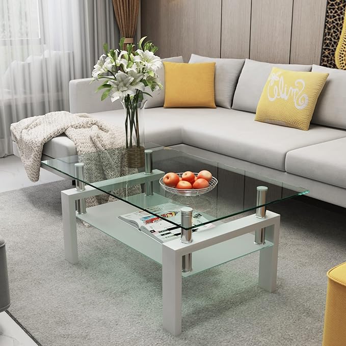 Living Room Glass Coffee Tables Modern Rectangle Center Side Table w/Storage Shelf