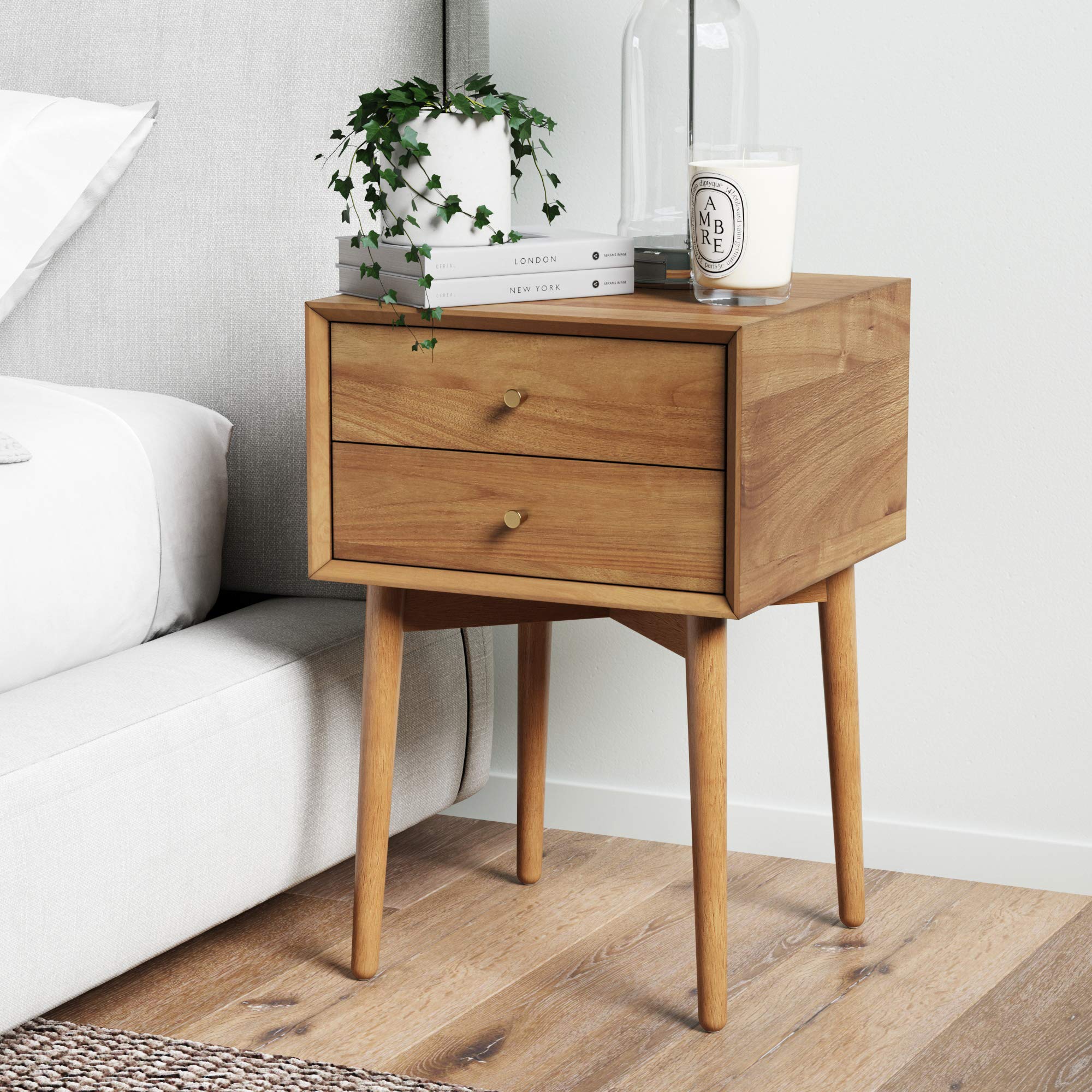 32704 Harper Mid-Century Oak Wood Nightstand with 2-Drawers, Small Side End Table