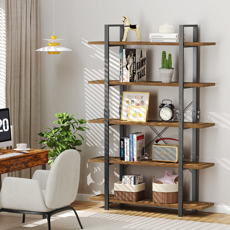 5 Tier Bookshelf, 70 inch Tall Solid Bookcase Industrial Wooden Bookshelves