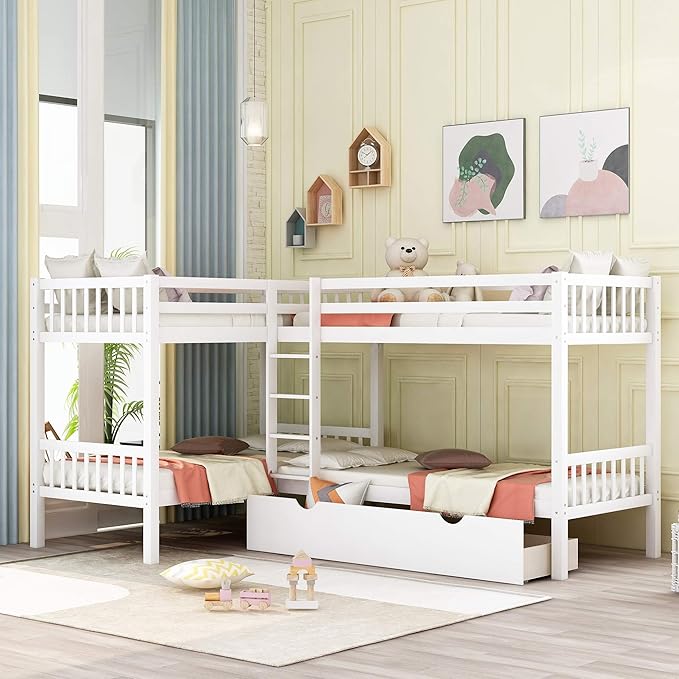 Triple Bunk Bed with Stairs, Twin Over Twin & Twin Bunk Bed for 3, Triple Bunk Bed with Drawers