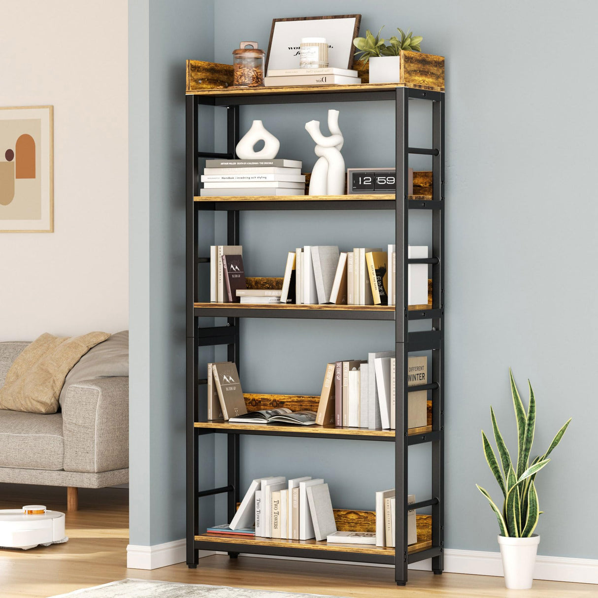 Bookshelf, 66" H 5-Tiers Heavy Duty Industrial Shelving Wood & Metal Bookcase