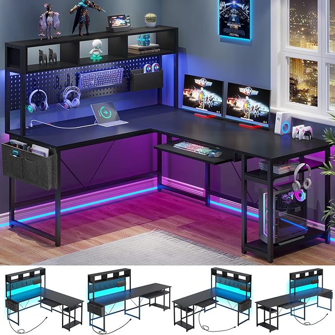 Shaped Gaming Desk, Reversible Computer Desk with Power Outlet and Pegboard