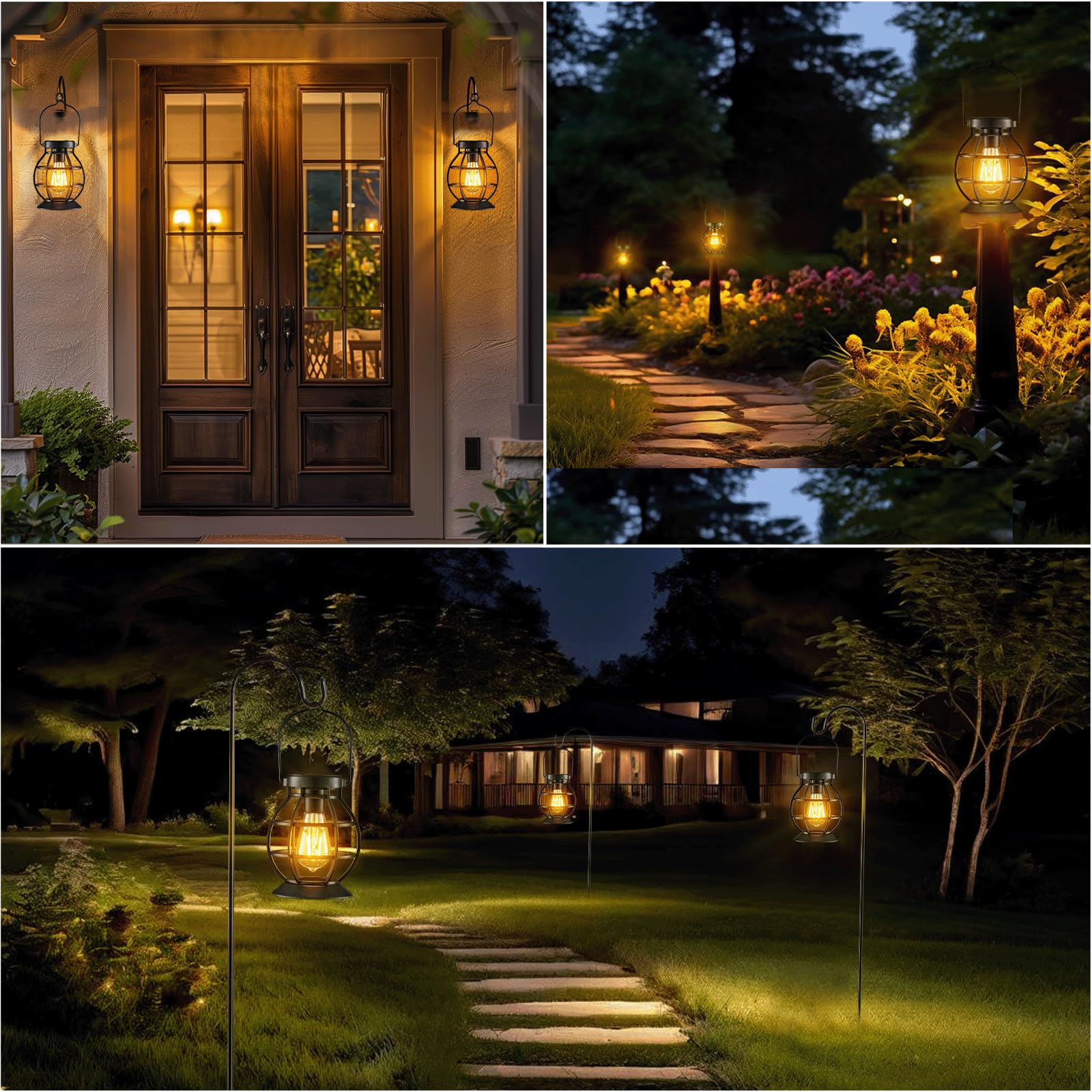 2 Pack Solar Lanterns Outdoor Hanging Lantern Lights, Metal Decor Lantern