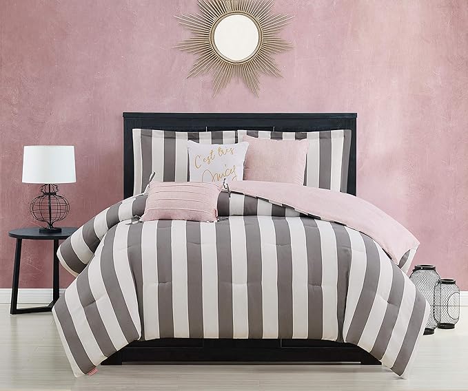 Cabana Stripe Reversible Bedding Set - King Size - Black and Hot Pink Stripe Print