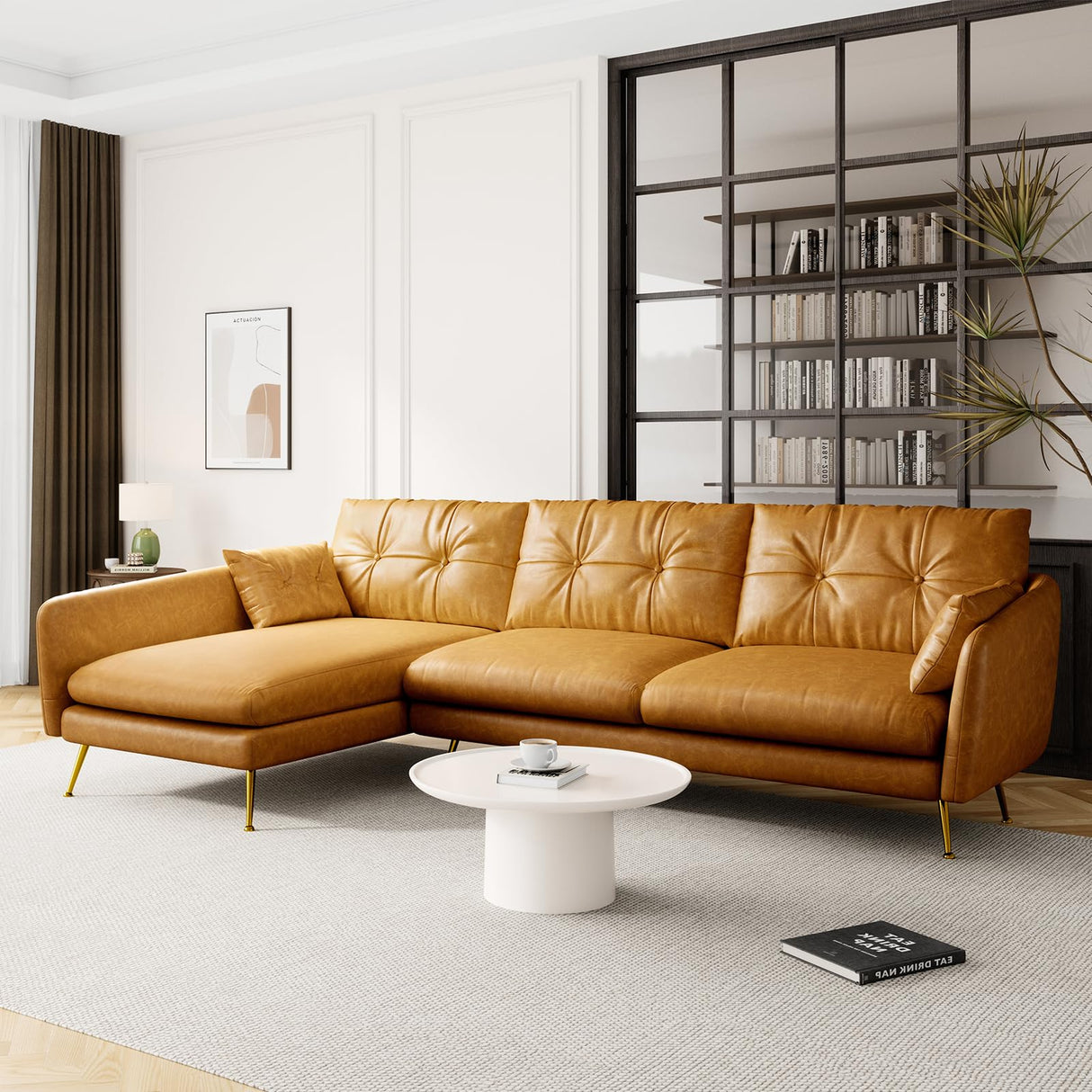 Faux Leather L Shaped Sectional Couch,Left-Facing Sectional Leather Down Fill Sofa