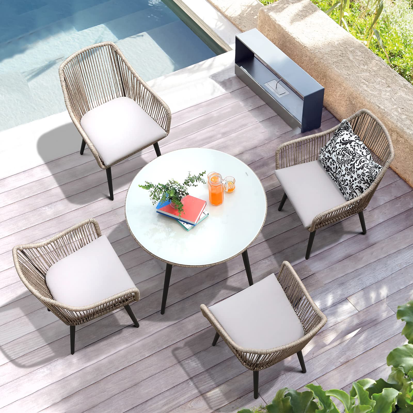 Outdoor Dining Chairs, Patio Dining Chair Set of 2, All-Weather Woven Rope Rattan Chairs