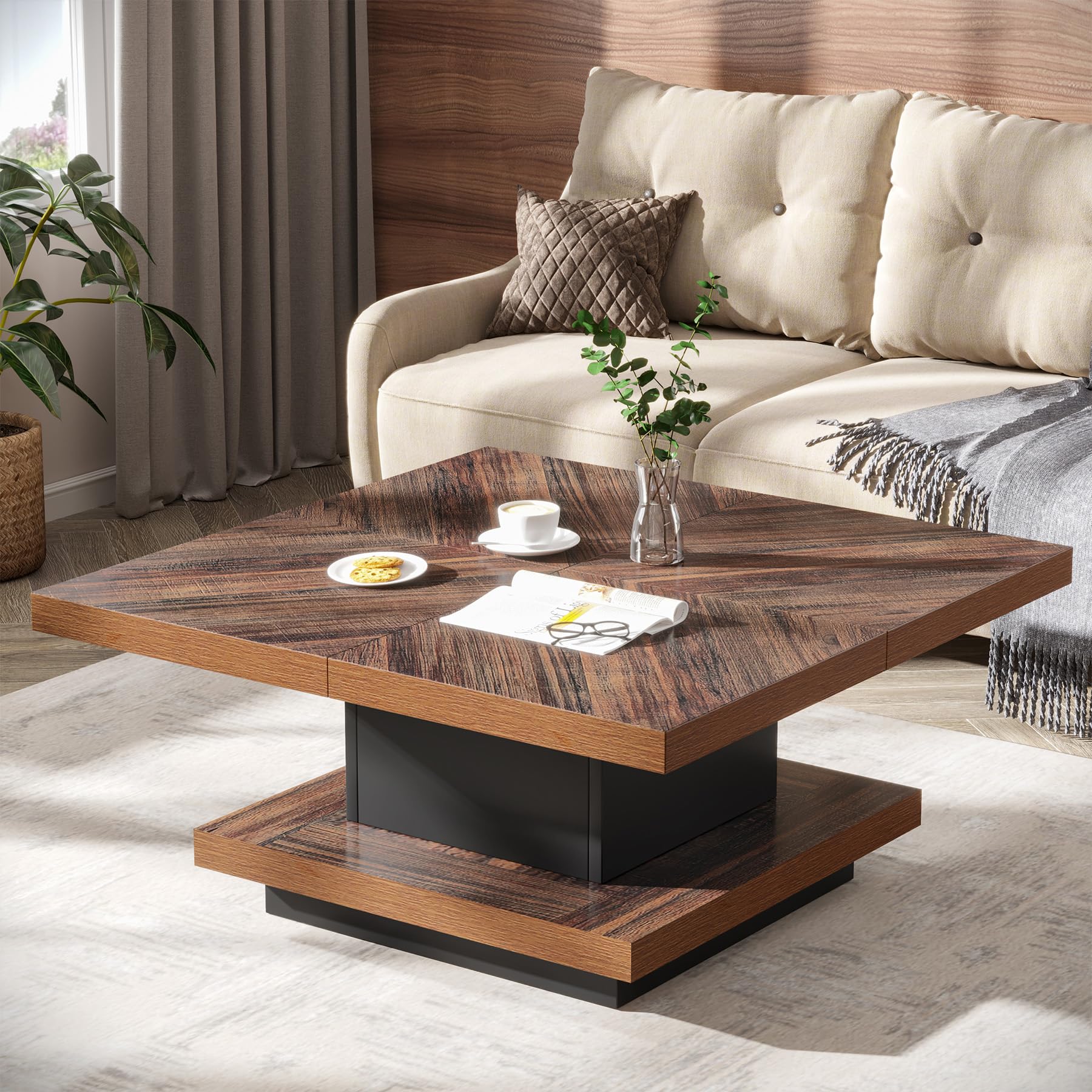 Square Coffee Table 2-Tier Vintage Coffee Table Wood Coffee Table