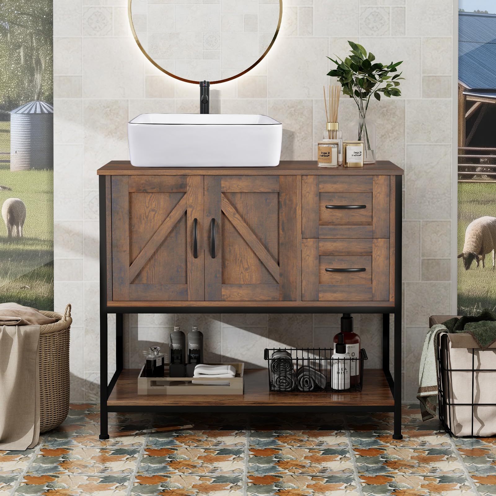 YOURLITE Bathroom Vanity, 36" Bathroom Vanity with Sink Combo Set, Dark Brown Modern Wood Bathroom Cabinet with White Ceramic Bathroom Sink