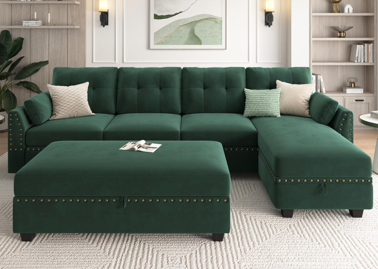 Velvet Sectional Sofa Set L Shaped Couch with Storage Ottoman Reversible Sofa Sectional for Living Room