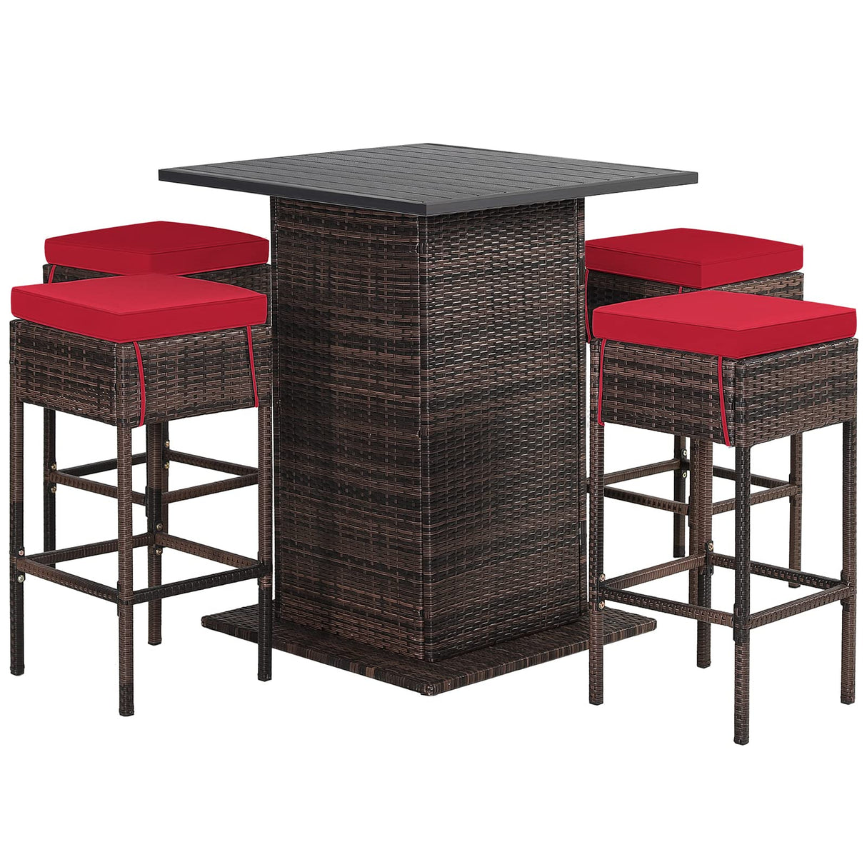 5-Piece Outdoor Bar Set, Wicker Rattan Bar Height Patio Set w/4 Cushion Bar Stools