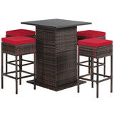 5-Piece Outdoor Bar Set, Wicker Rattan Bar Height Patio Set w/4 Cushion Bar Stools