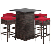 5-Piece Outdoor Bar Set, Wicker Rattan Bar Height Patio Set w/4 Cushion Bar Stools
